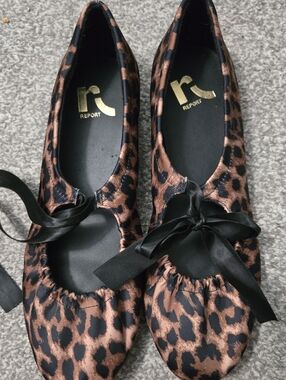 Report Brown and Black Leopard-Print Satin Ballet Flats with Black Ribbon